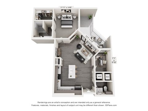Floor plan for 1 bed, 1 bath, 925 sqft